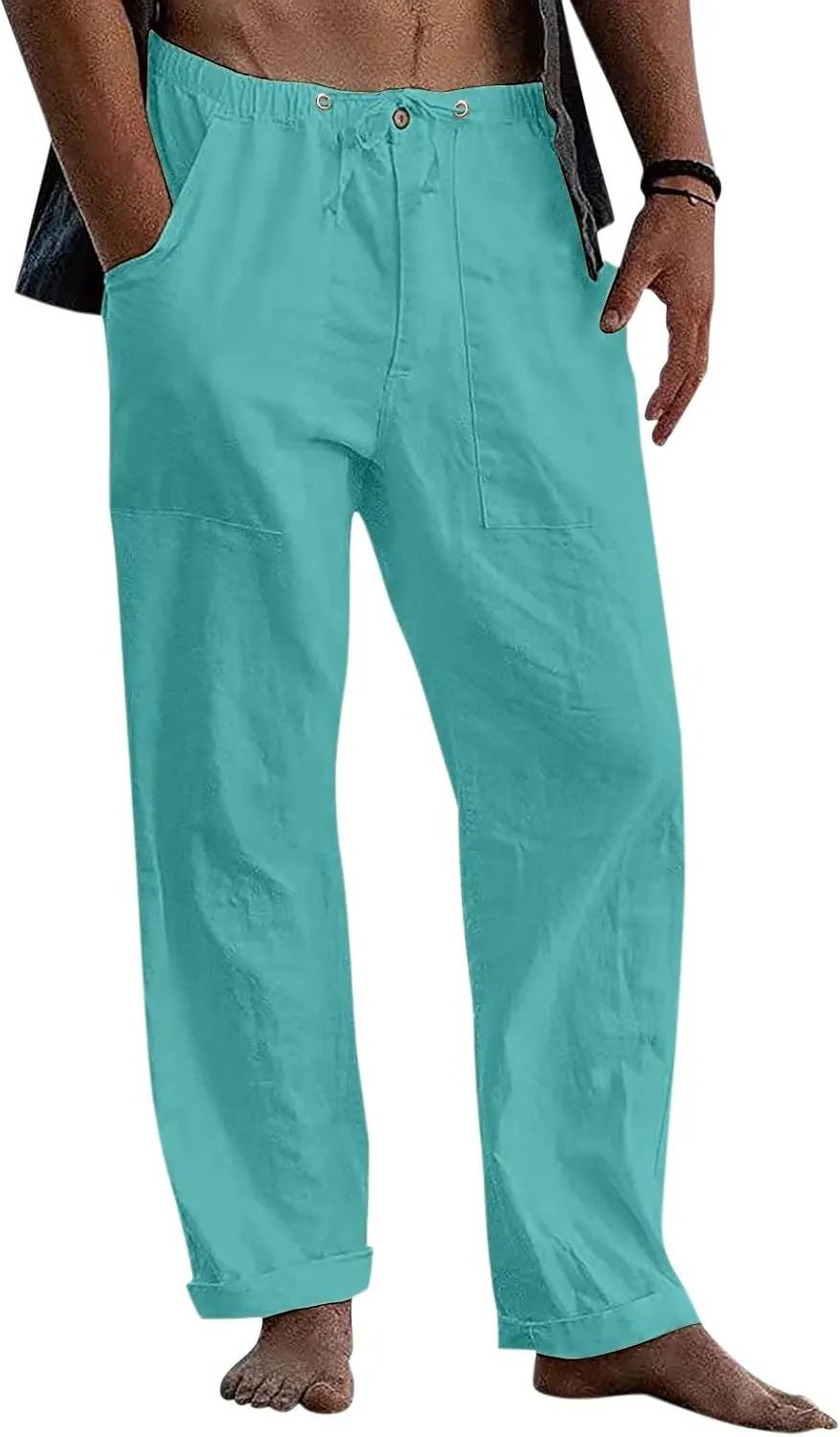 GIERIDUC Men's Sweatpants Open Bottom Baggy Cotton Linen Sweat Pants for Men Lightweight Breathable Lounge Pants with Pockets