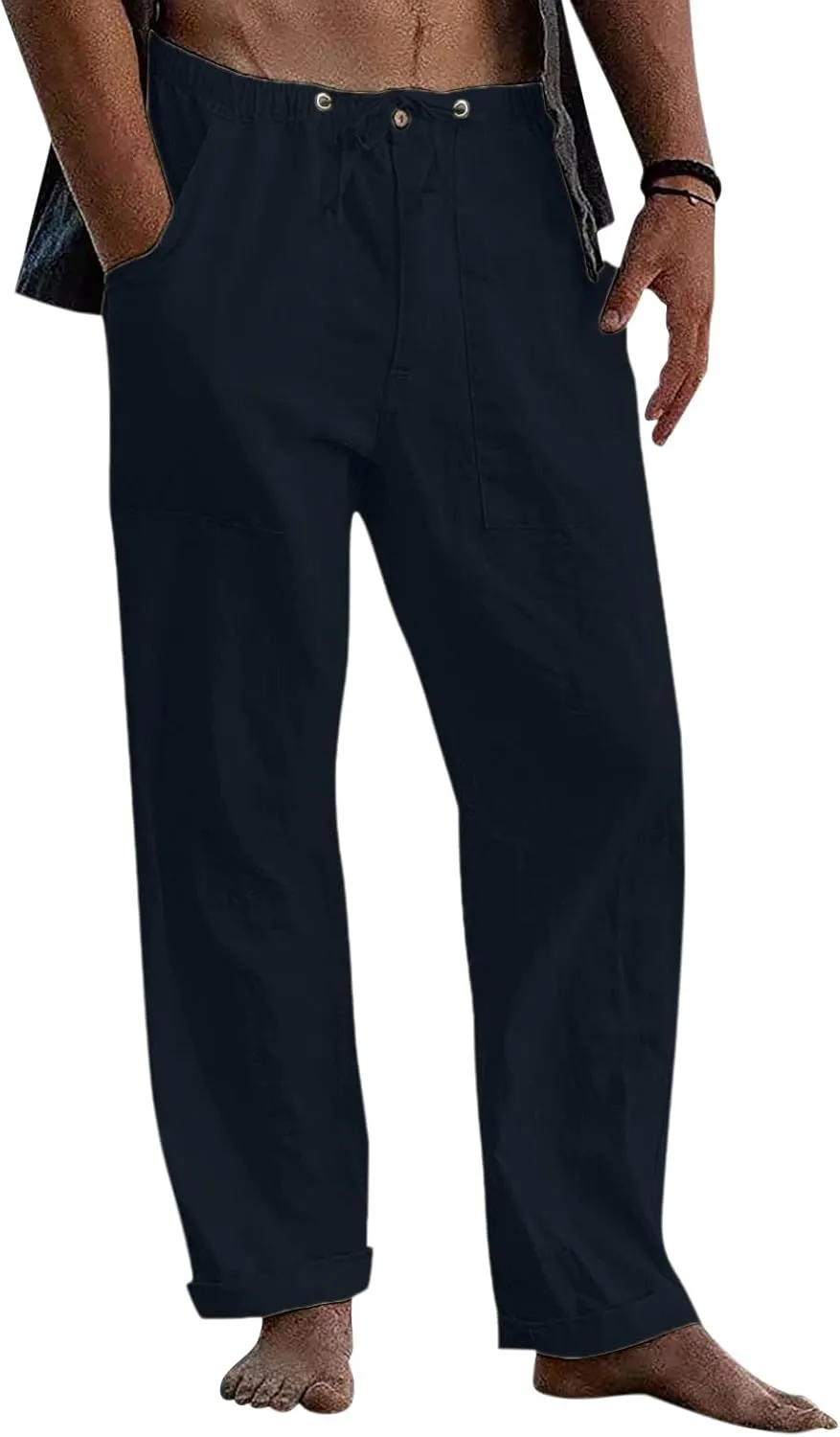 GIERIDUC Men's Sweatpants Open Bottom Baggy Cotton Linen Sweat Pants for Men Lightweight Breathable Lounge Pants with Pockets