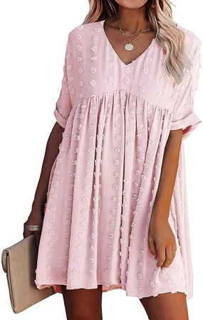 HBEYYTO Women's Summer Short Sleeve Sexy V Neck Flowy Mini Dress Plus Size Casual Dress Swiss Dot Short Loose Fit Sun Dress