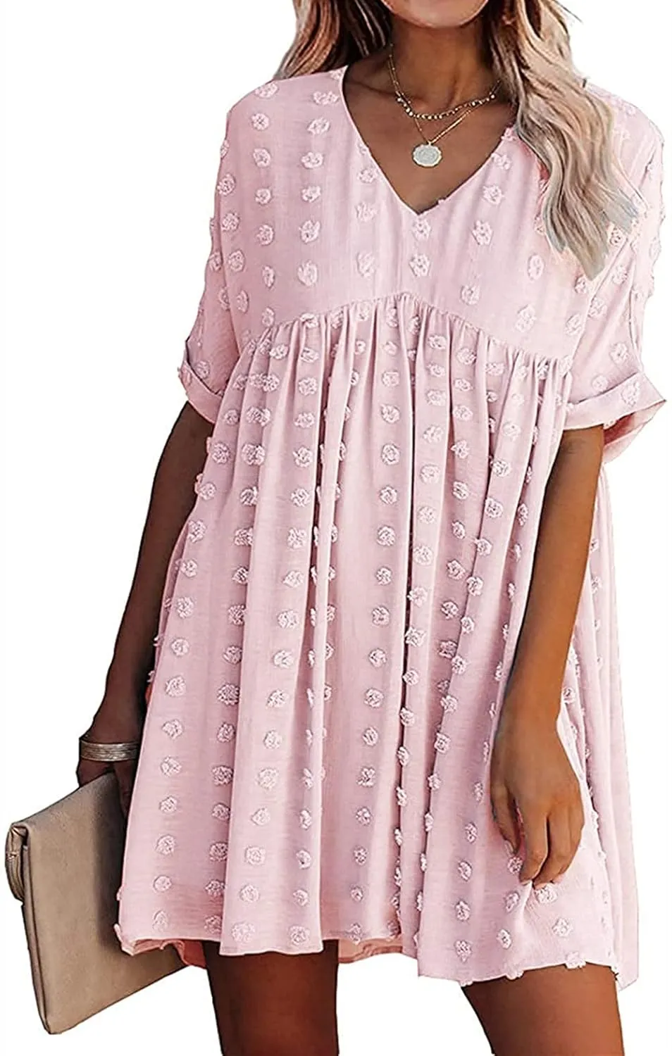 HBEYYTO Women's Summer Short Sleeve Sexy V Neck Flowy Mini Dress Plus Size Casual Dress Swiss Dot Short Loose Fit Sun Dress