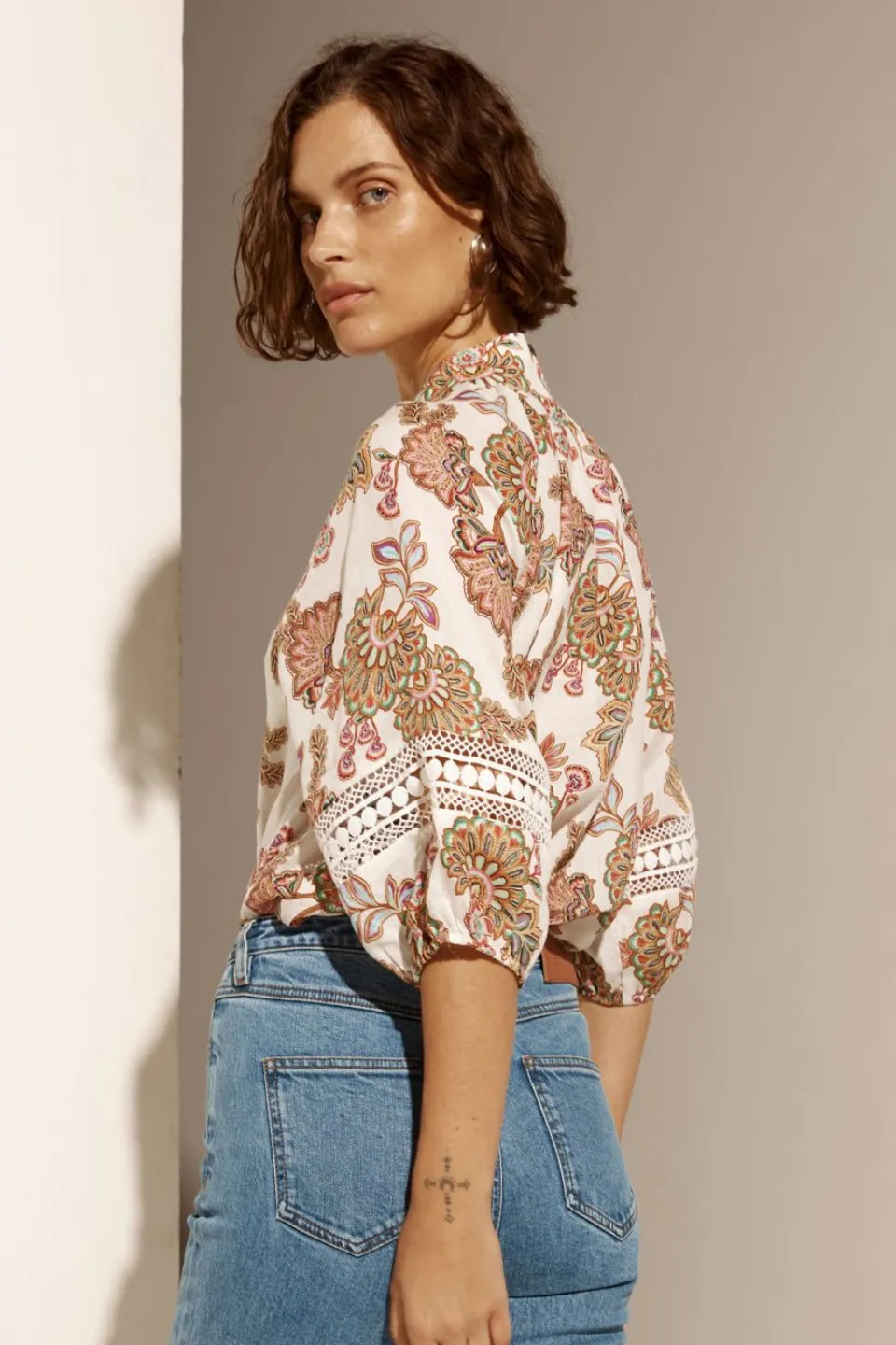 Invoke Cream Paisley High Neck SS Blouse