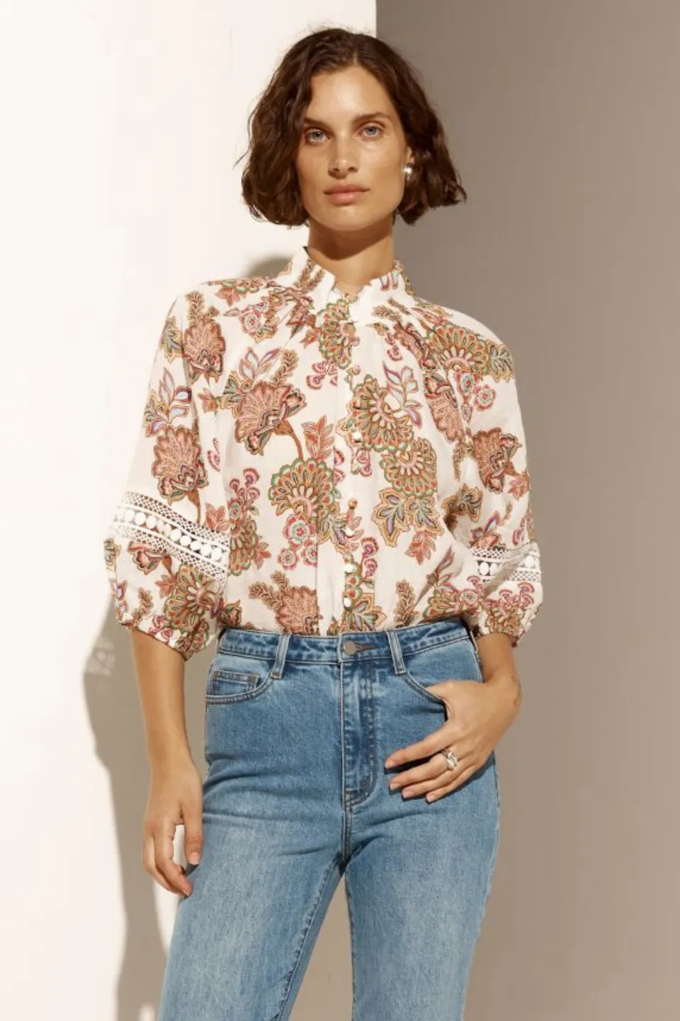 Invoke Cream Paisley High Neck SS Blouse