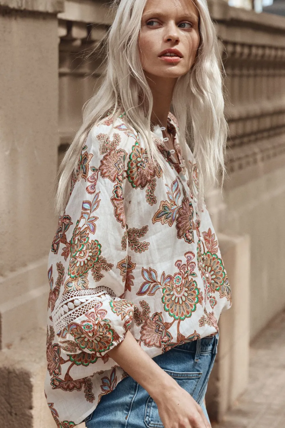 Invoke Cream Paisley High Neck SS Blouse