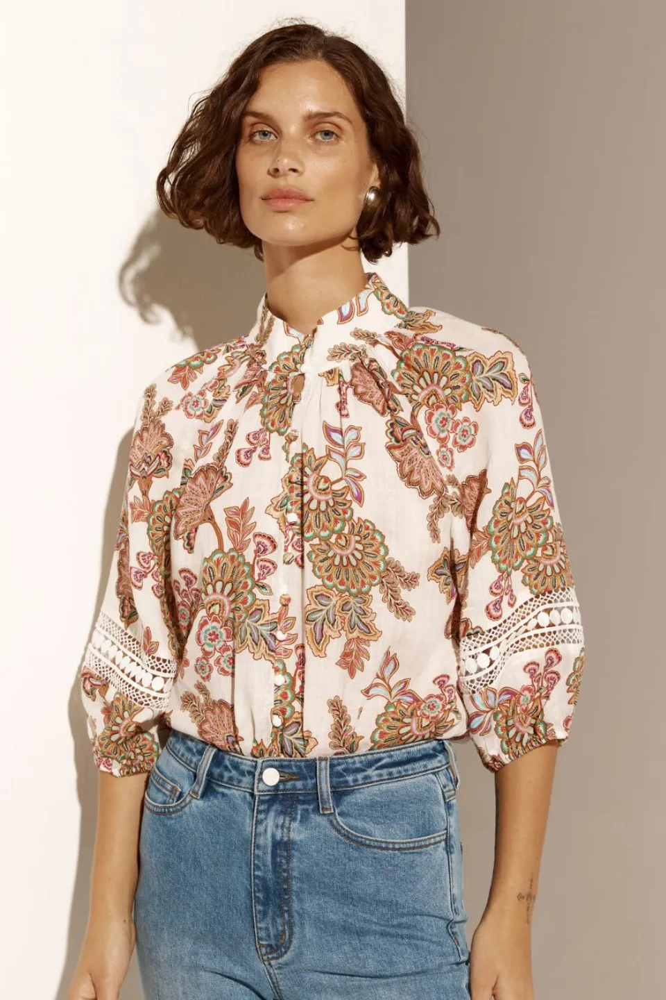 Invoke Cream Paisley High Neck SS Blouse