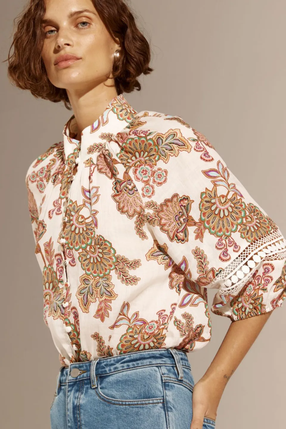 Invoke Cream Paisley High Neck SS Blouse