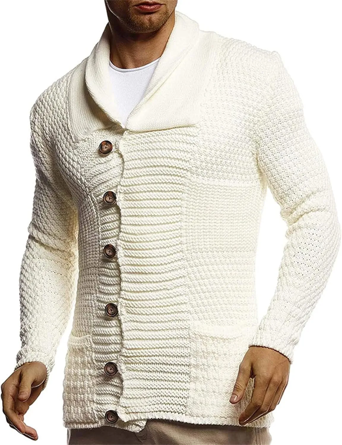 JEsilunmaMY Men's Casual Button Down Cardigan Sweater Long Sleeve Shawl Collar Chunky Knitwear Soft Comfortable Knit Sweater