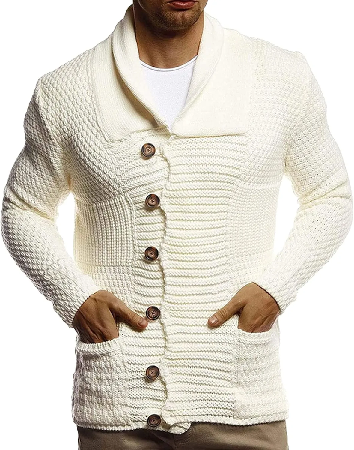 JEsilunmaMY Men's Casual Button Down Cardigan Sweater Long Sleeve Shawl Collar Chunky Knitwear Soft Comfortable Knit Sweater