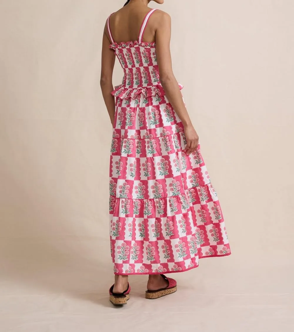 Juakoso Women Boho Tie Shoulder Floral Dress Y2k Sleeveless Smocked Ruffle Maxi Dress Backless Flowy Long Dress Outfits