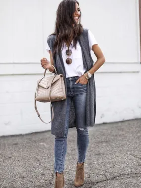 Kasey New Solid Color Fashionable Casual Mid-Length Cardigan Vest