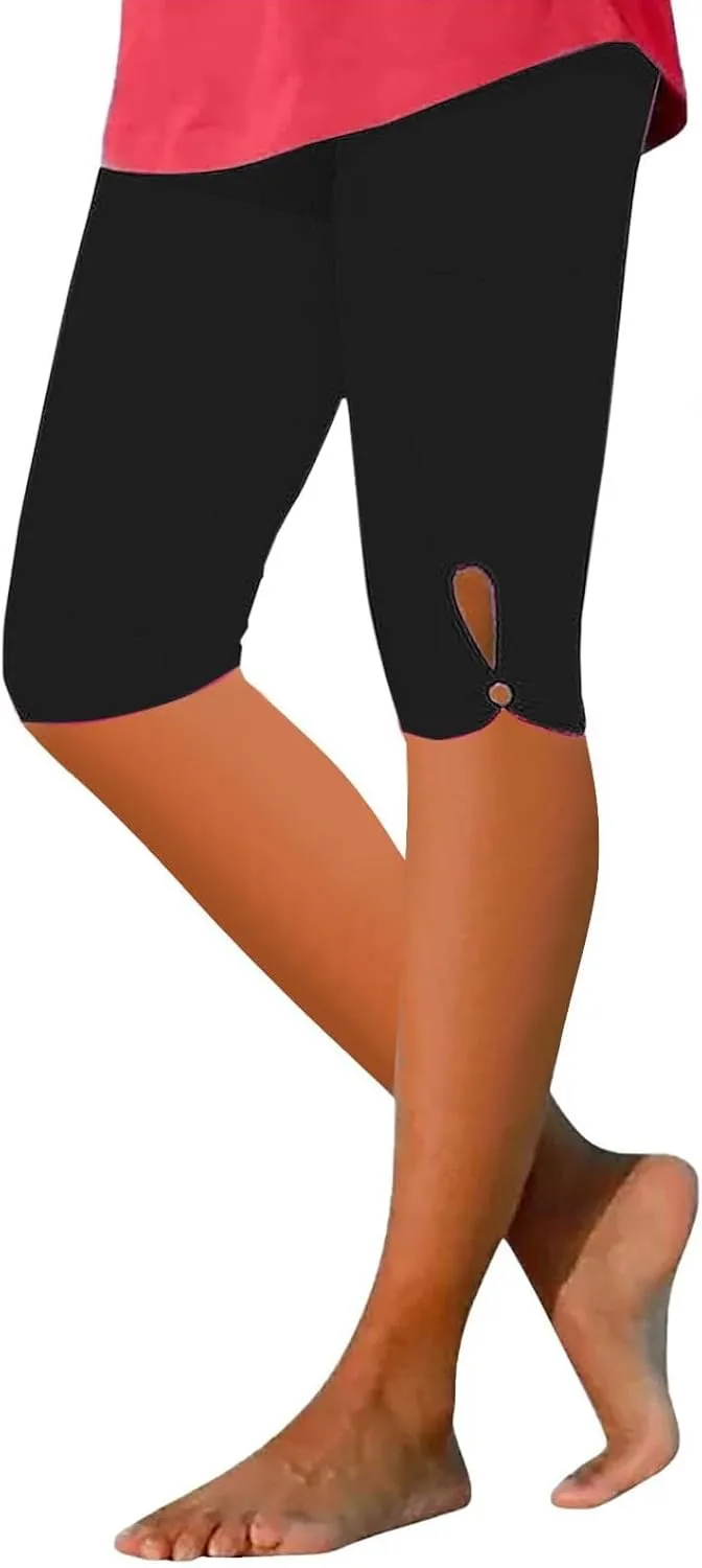 Leggings with Pockets for Women Waisted Hollow Yoga Quarter Pants Lightweight and Comfortable Quarter Pants Solid