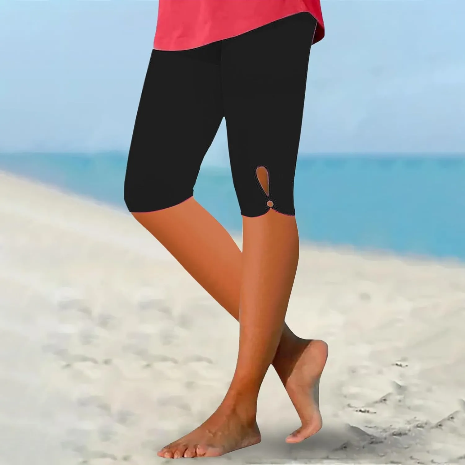 Leggings with Pockets for Women Waisted Hollow Yoga Quarter Pants Lightweight and Comfortable Quarter Pants Solid