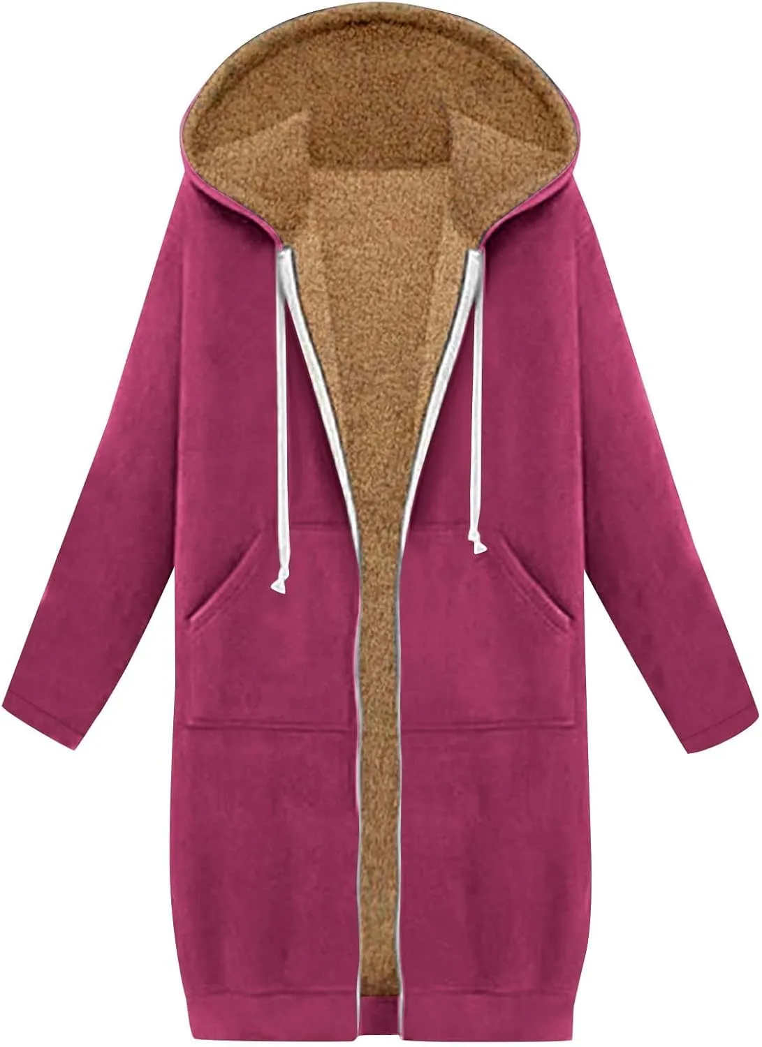 Long Fleece Lined Hooded Jacket for Women, Fuzzy Warm Full Zip Coat Casual Comfortable Thick Knee Length Outerwear