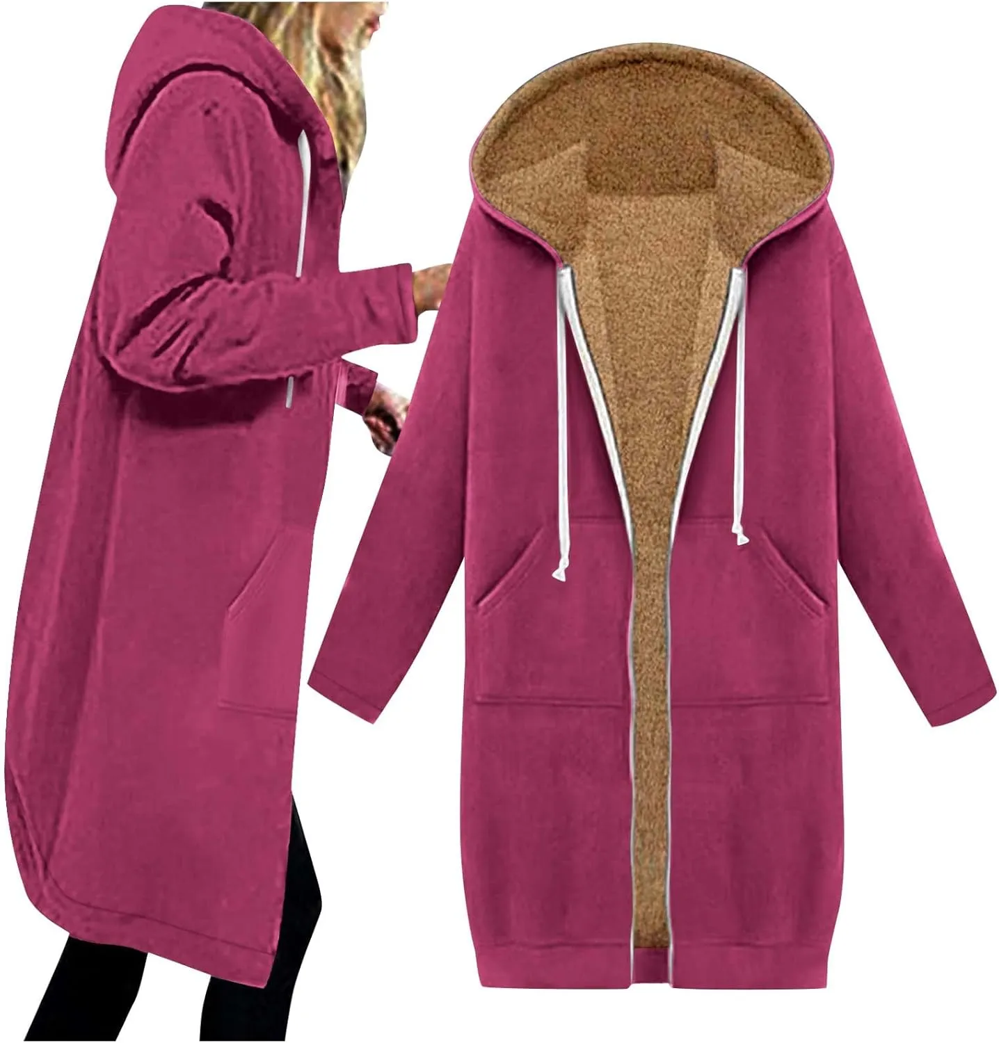 Long Fleece Lined Hooded Jacket for Women, Fuzzy Warm Full Zip Coat Casual Comfortable Thick Knee Length Outerwear
