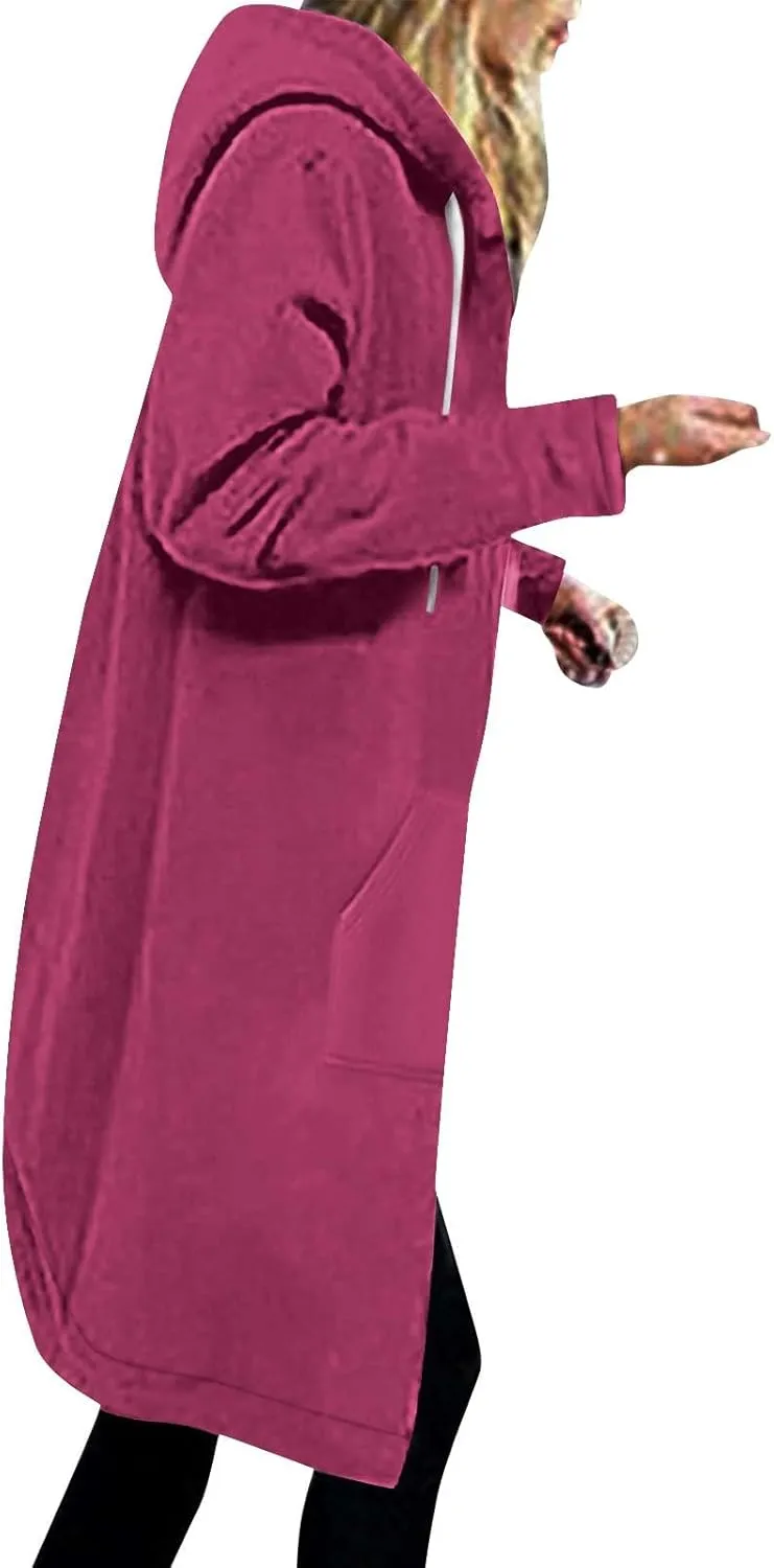 Long Fleece Lined Hooded Jacket for Women, Fuzzy Warm Full Zip Coat Casual Comfortable Thick Knee Length Outerwear