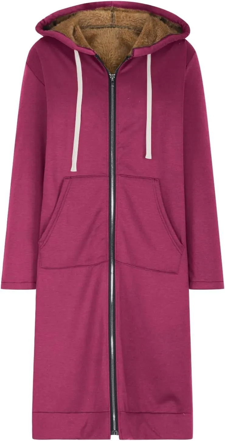 Long Fleece Lined Hooded Jacket for Women, Fuzzy Warm Full Zip Coat Casual Comfortable Thick Knee Length Outerwear