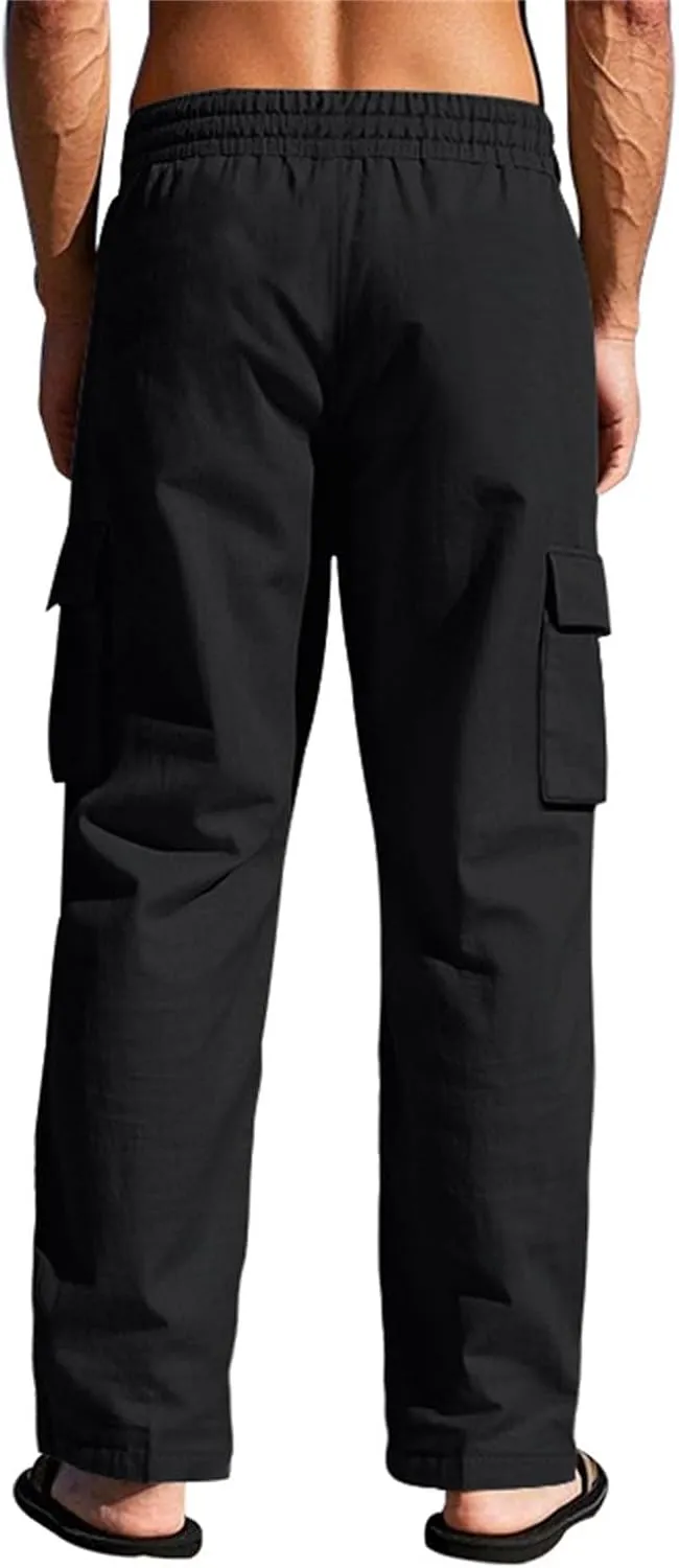Lounge Pants Men Linen Breathable Lightweight Pant Loose Fit Cargo Trousers Wide Leg Elastic Waist with Pockets