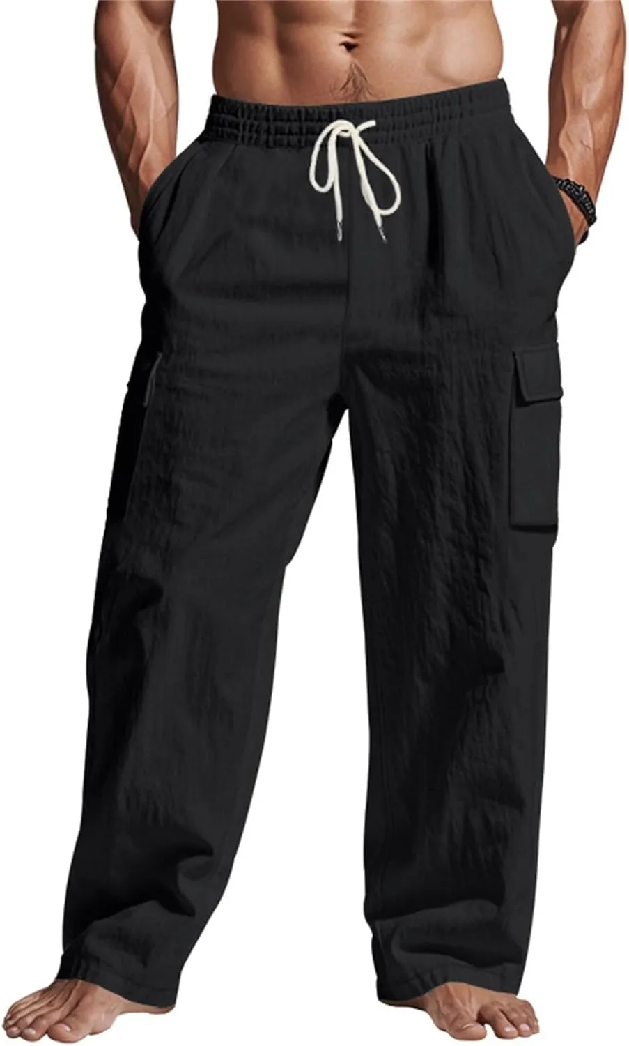 Lounge Pants Men Linen Breathable Lightweight Pant Loose Fit Cargo Trousers Wide Leg Elastic Waist with Pockets