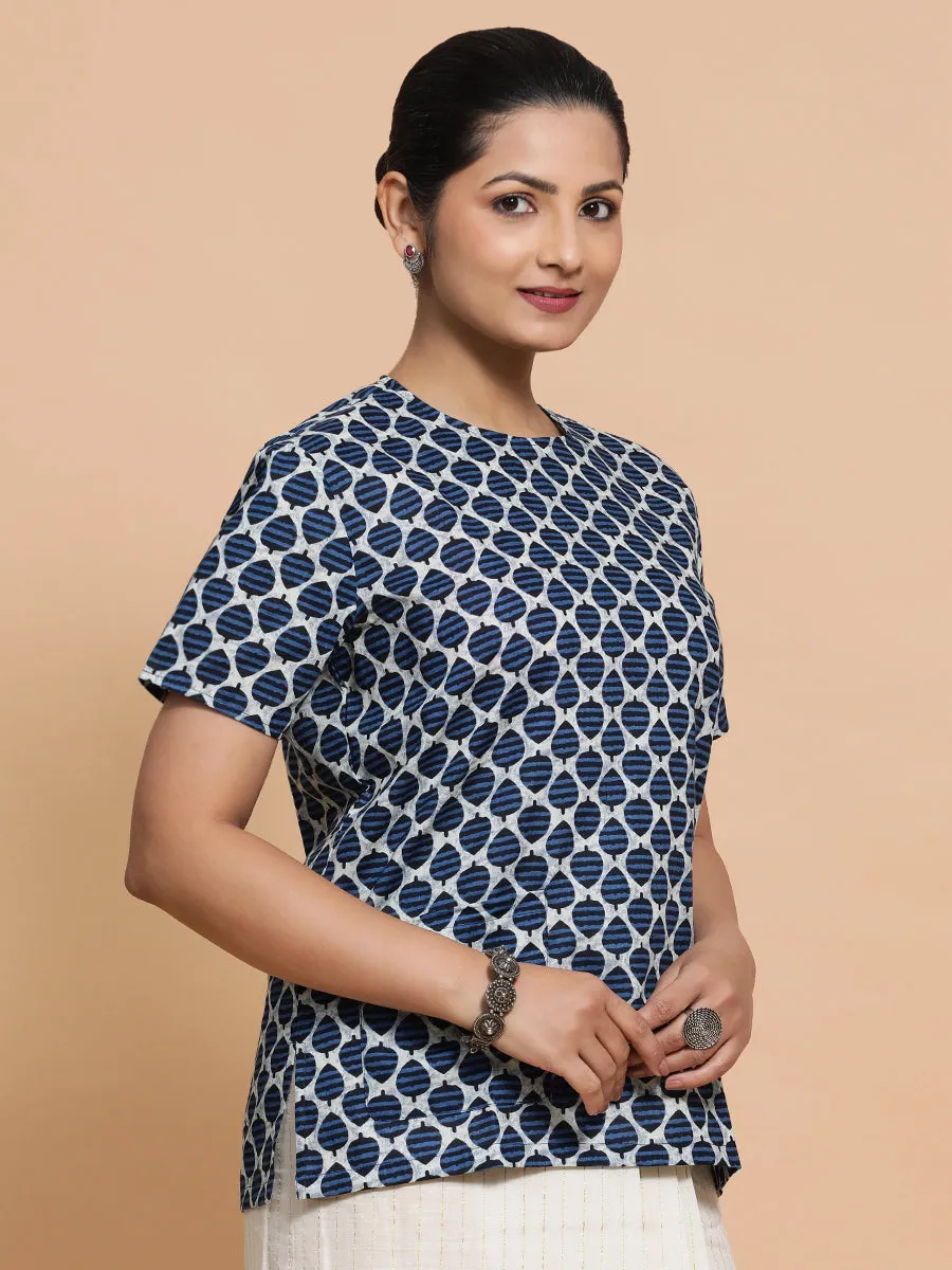 Mariam x Rozaana | Short Sleeves Cotton Saree Blouse in Indigo Blue Leaf Block Print Fabric