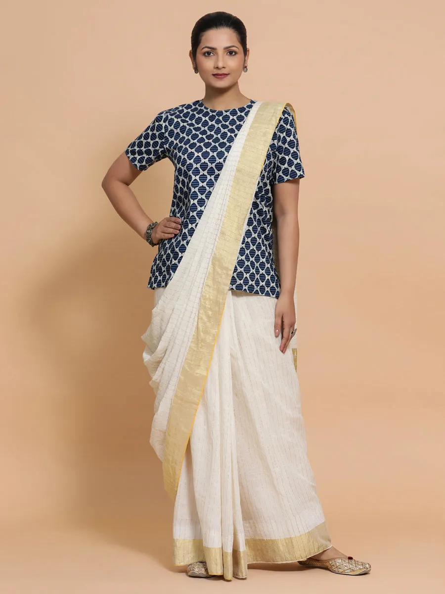 Mariam x Rozaana | Short Sleeves Cotton Saree Blouse in Indigo Blue Leaf Block Print Fabric