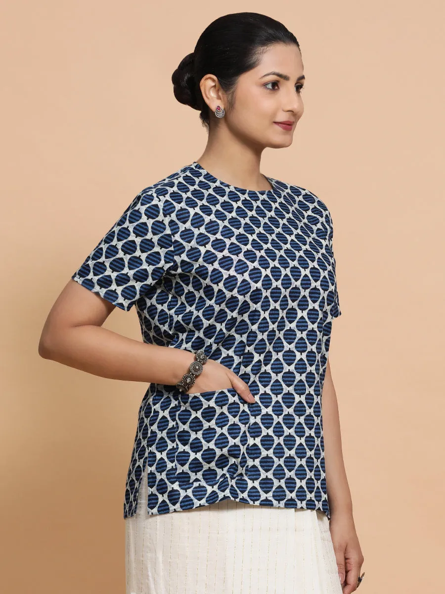 Mariam x Rozaana | Short Sleeves Cotton Saree Blouse in Indigo Blue Leaf Block Print Fabric