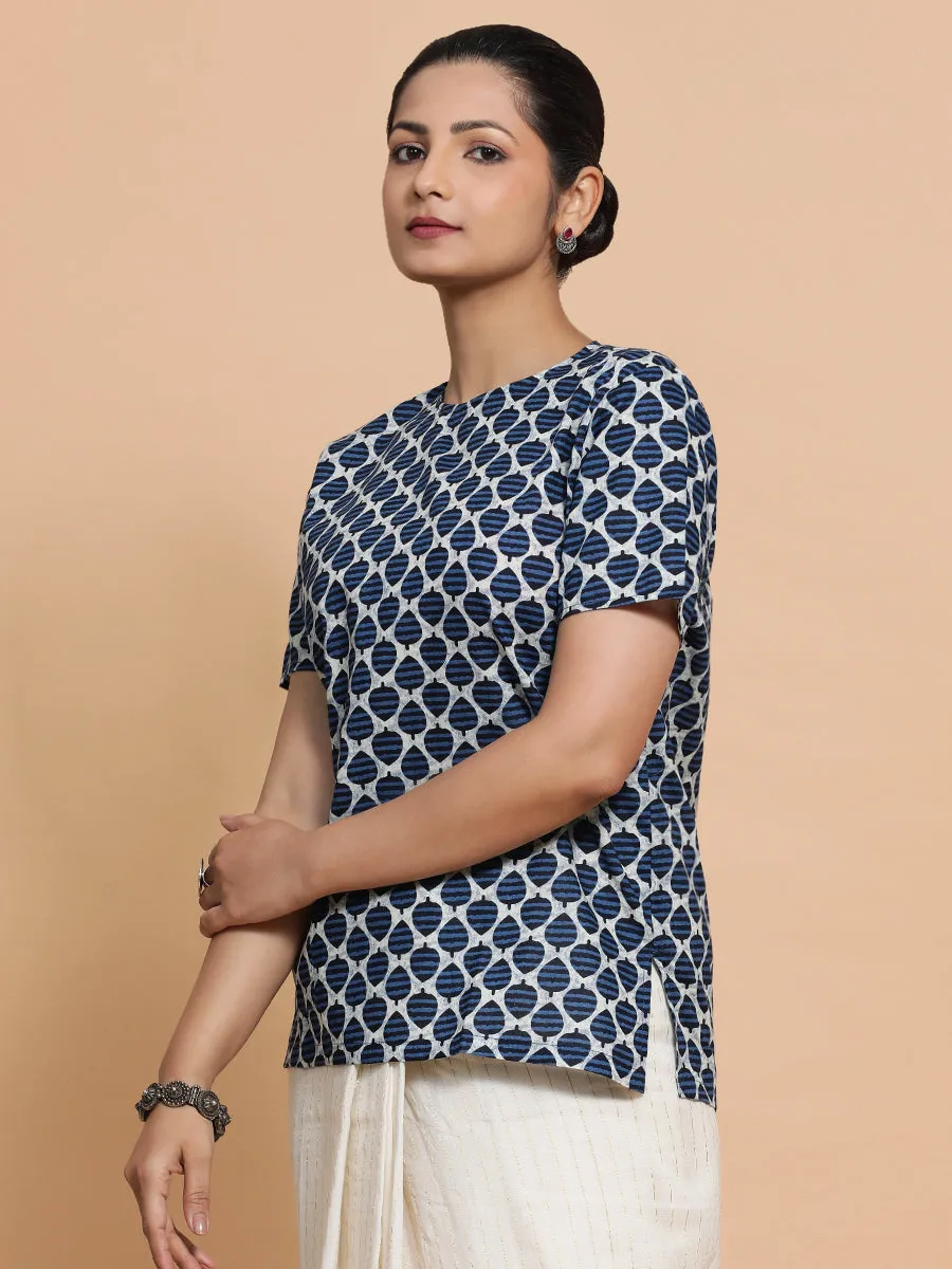 Mariam x Rozaana | Short Sleeves Cotton Saree Blouse in Indigo Blue Leaf Block Print Fabric