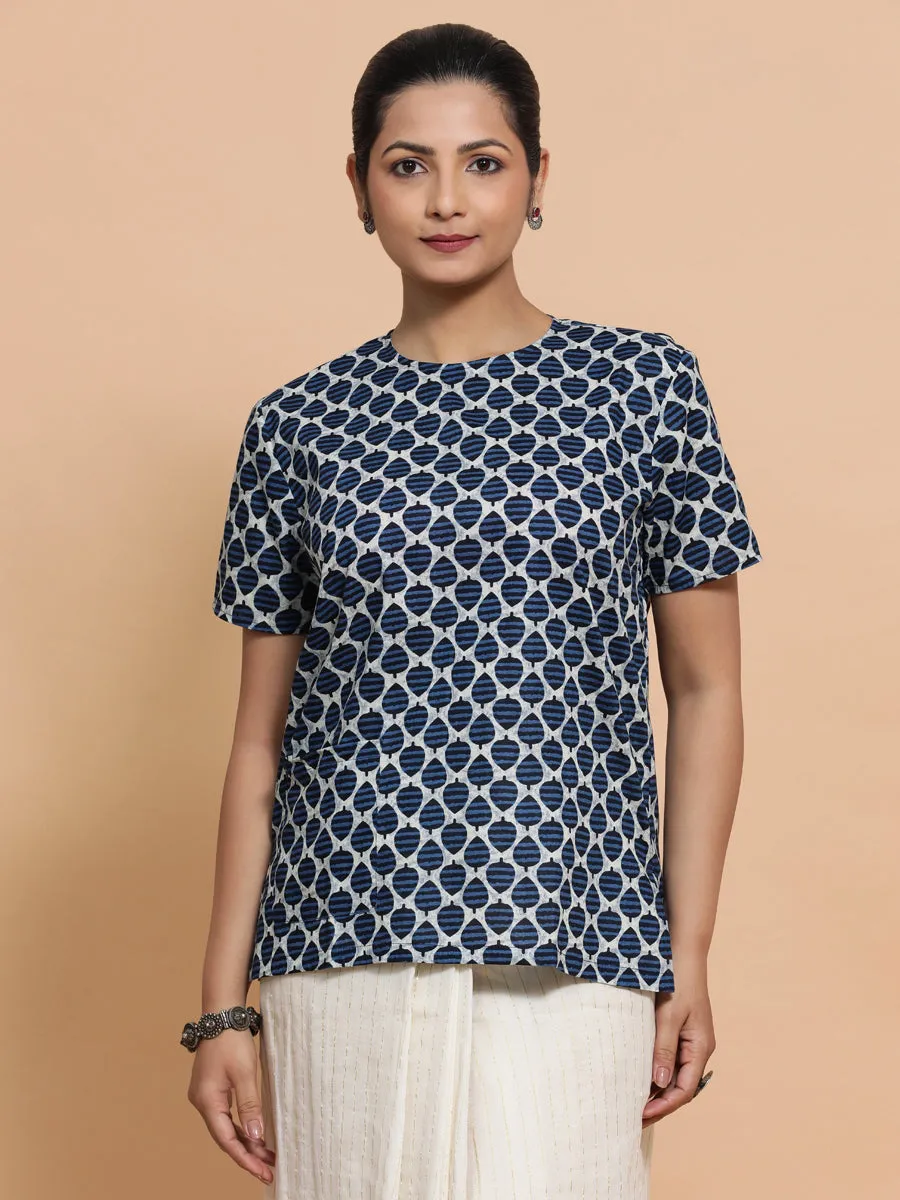Mariam x Rozaana | Short Sleeves Cotton Saree Blouse in Indigo Blue Leaf Block Print Fabric
