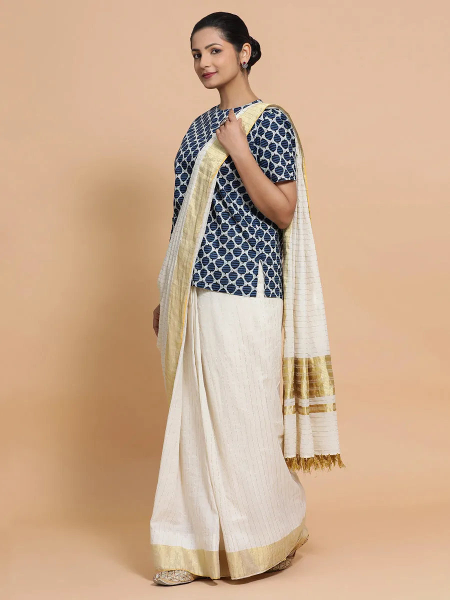 Mariam x Rozaana | Short Sleeves Cotton Saree Blouse in Indigo Blue Leaf Block Print Fabric