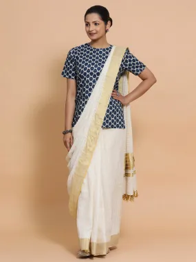Mariam x Rozaana | Short Sleeves Cotton Saree Blouse in Indigo Blue Leaf Block Print Fabric
