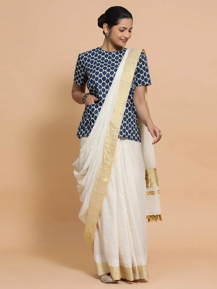 Mariam x Rozaana | Short Sleeves Cotton Saree Blouse in Indigo Blue Leaf Block Print Fabric