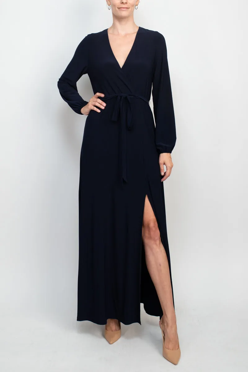 Marina V-Neck Long Sleeve Slit Front Solid Jersey Long Dress
