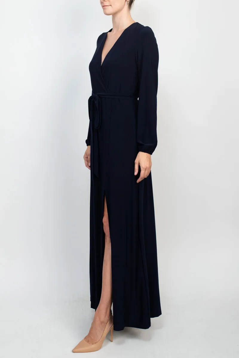 Marina V-Neck Long Sleeve Slit Front Solid Jersey Long Dress