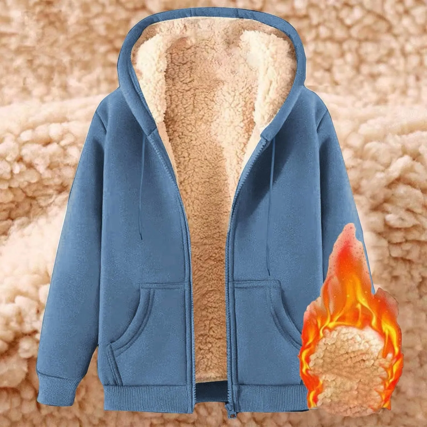 Men Sherpa Fleece Lined Jacket Unisex Women Thick Zip Up Hoodie Sweatshirt with Pockets Soft Warm Winter Coats