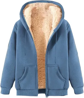 Men Sherpa Fleece Lined Jacket Unisex Women Thick Zip Up Hoodie Sweatshirt with Pockets Soft Warm Winter Coats