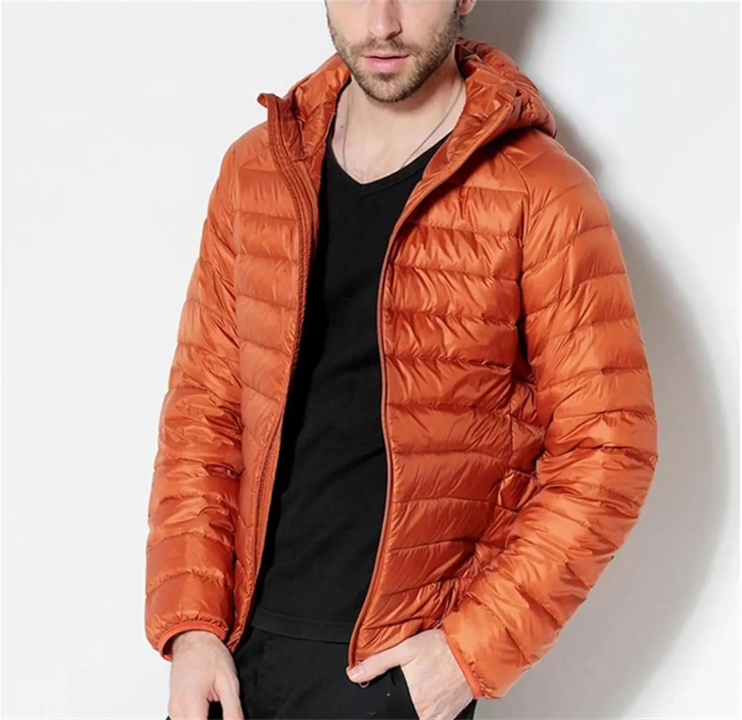Men White Duck Down Jackets Hooded Down Coat Lightweight Winter Warm Down Parkas
