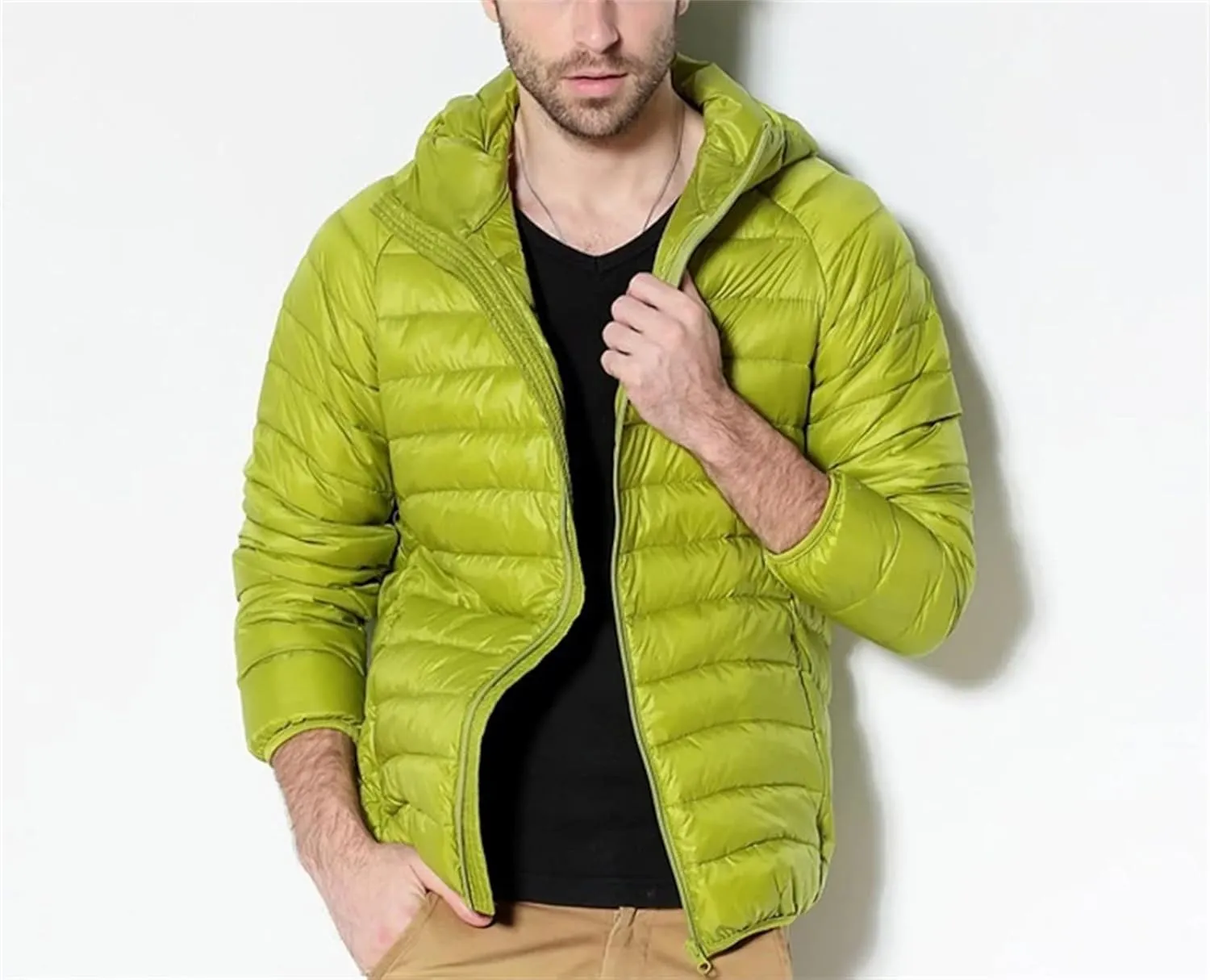 Men White Duck Down Jackets Hooded Down Coat Lightweight Winter Warm Down Parkas