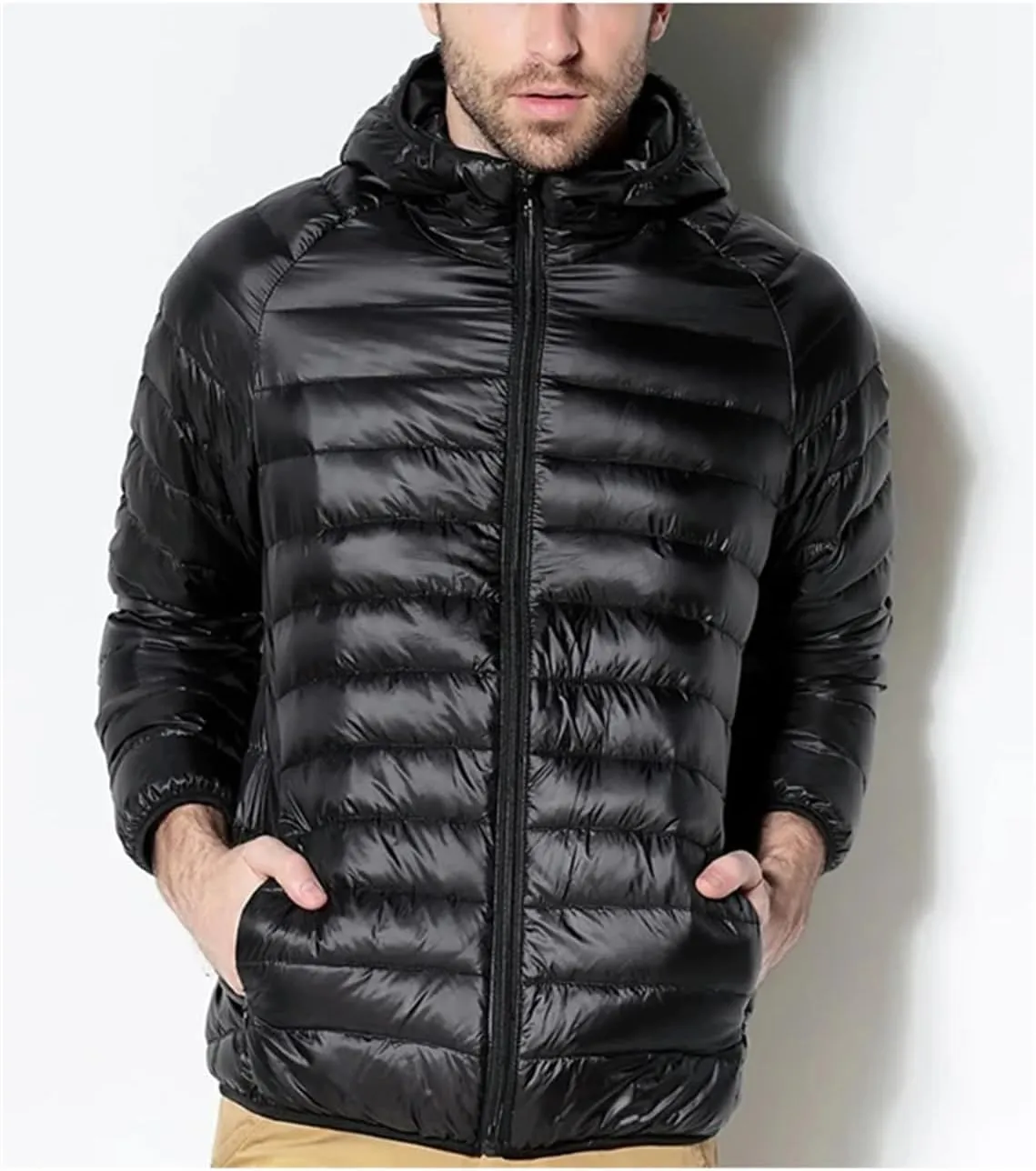 Men White Duck Down Jackets Hooded Down Coat Lightweight Winter Warm Down Parkas