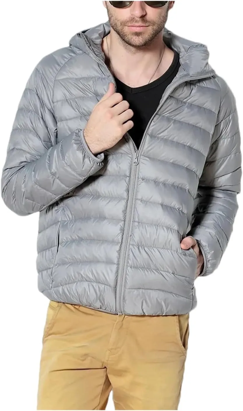 Men White Duck Down Jackets Hooded Down Coat Lightweight Winter Warm Down Parkas