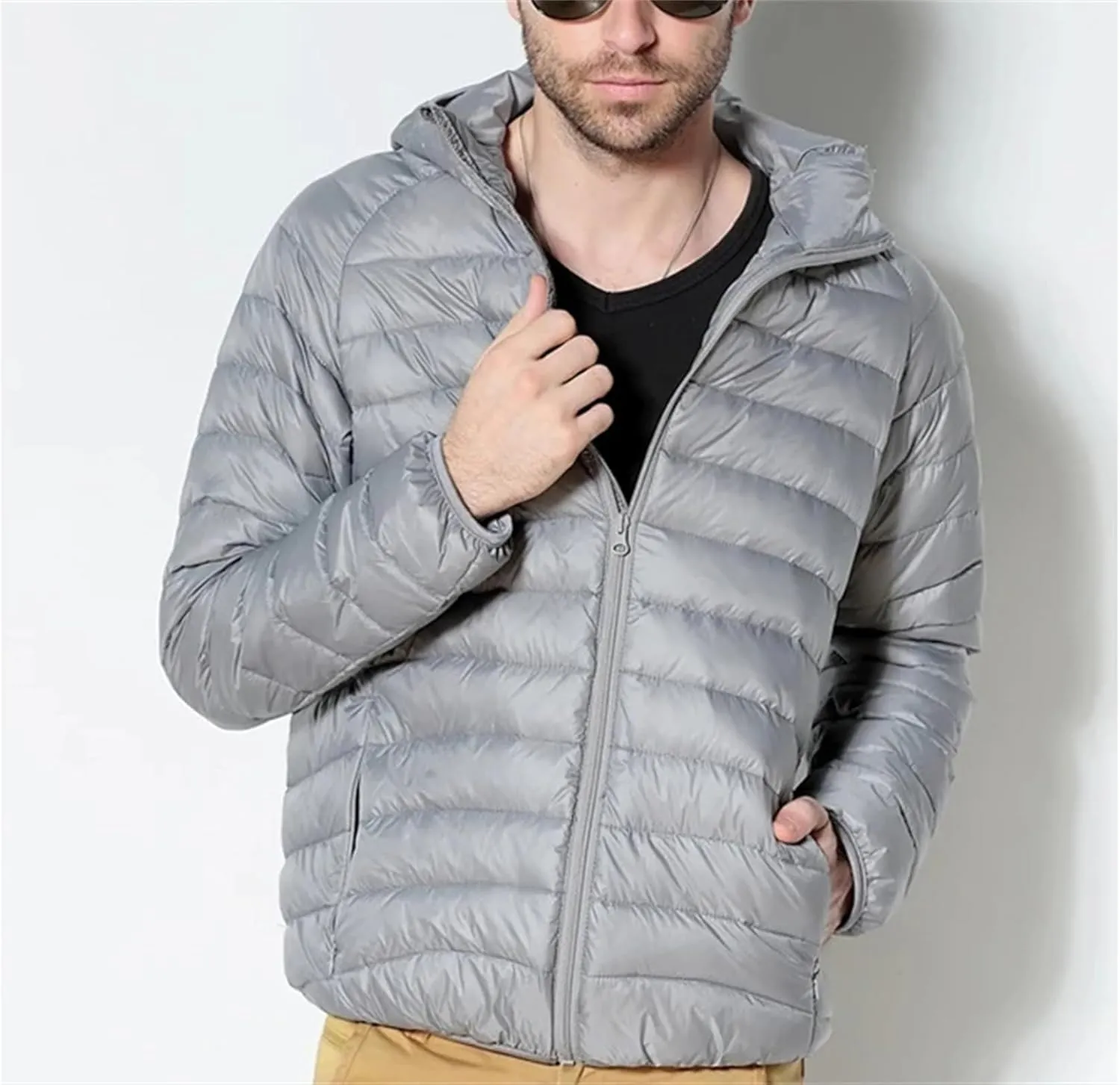 Men White Duck Down Jackets Hooded Down Coat Lightweight Winter Warm Down Parkas