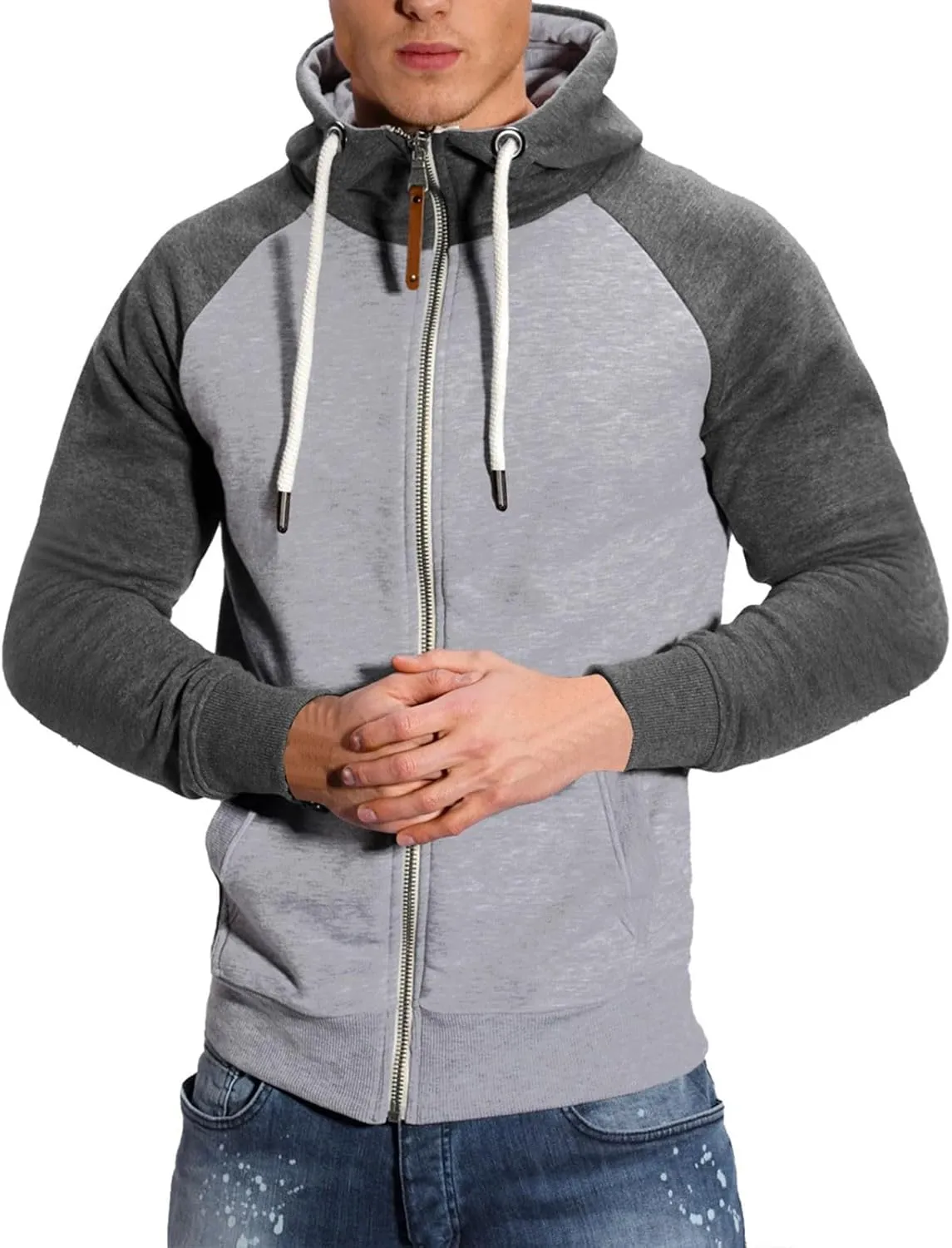 Men Zipper Hooded Sweatshirt Casual Contrast Color Raglan Sleeve Warm Comfortable Cardigan Top with Pockets