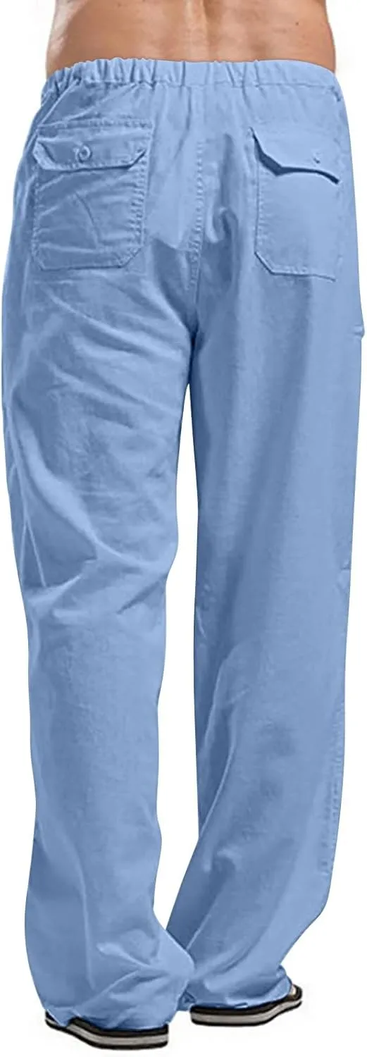 Mens Linen Pants Slim Fit Casual Elastic Waist Summer Beach Pants Lightweight Breathable Yoga Vacation Trousers