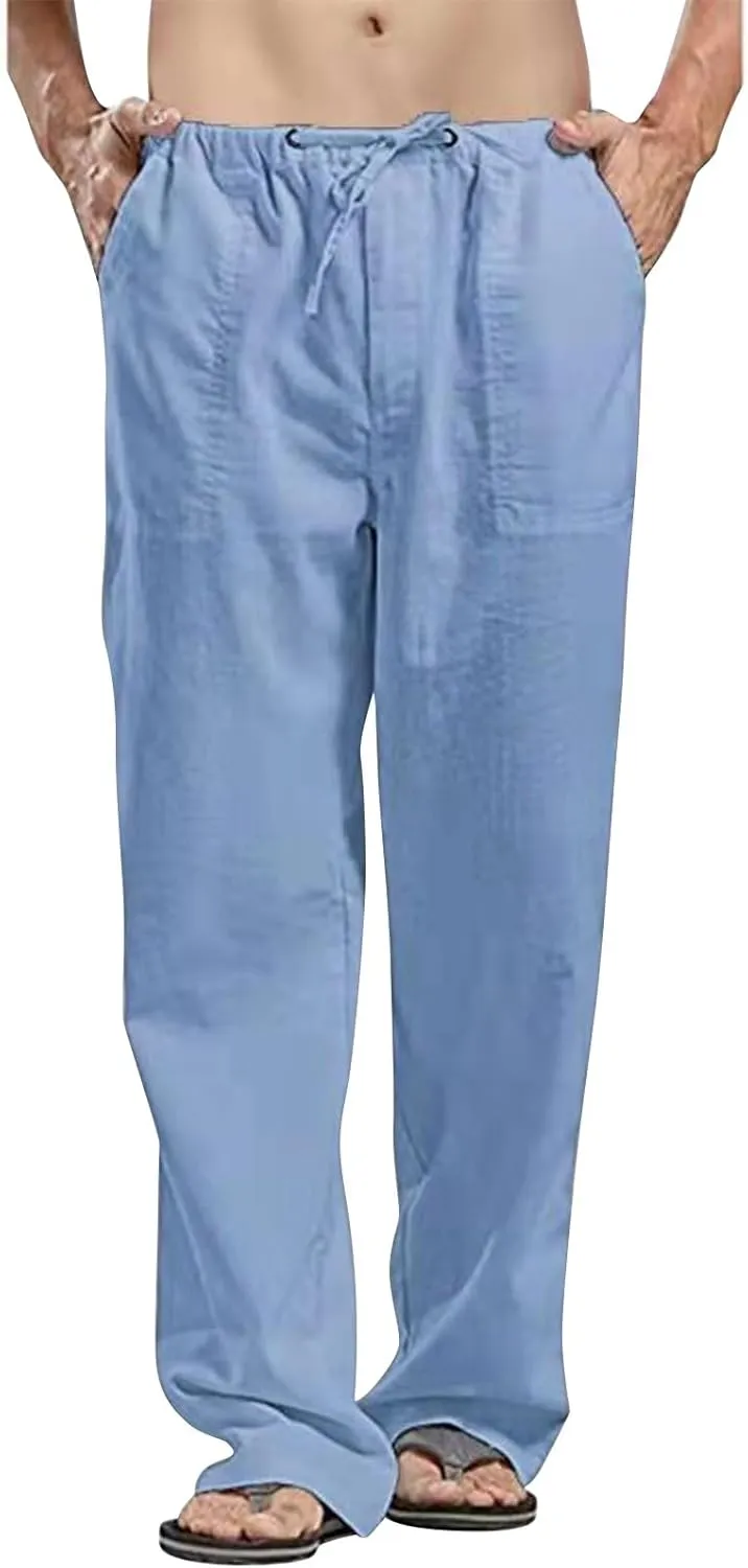 Mens Linen Pants Slim Fit Casual Elastic Waist Summer Beach Pants Lightweight Breathable Yoga Vacation Trousers
