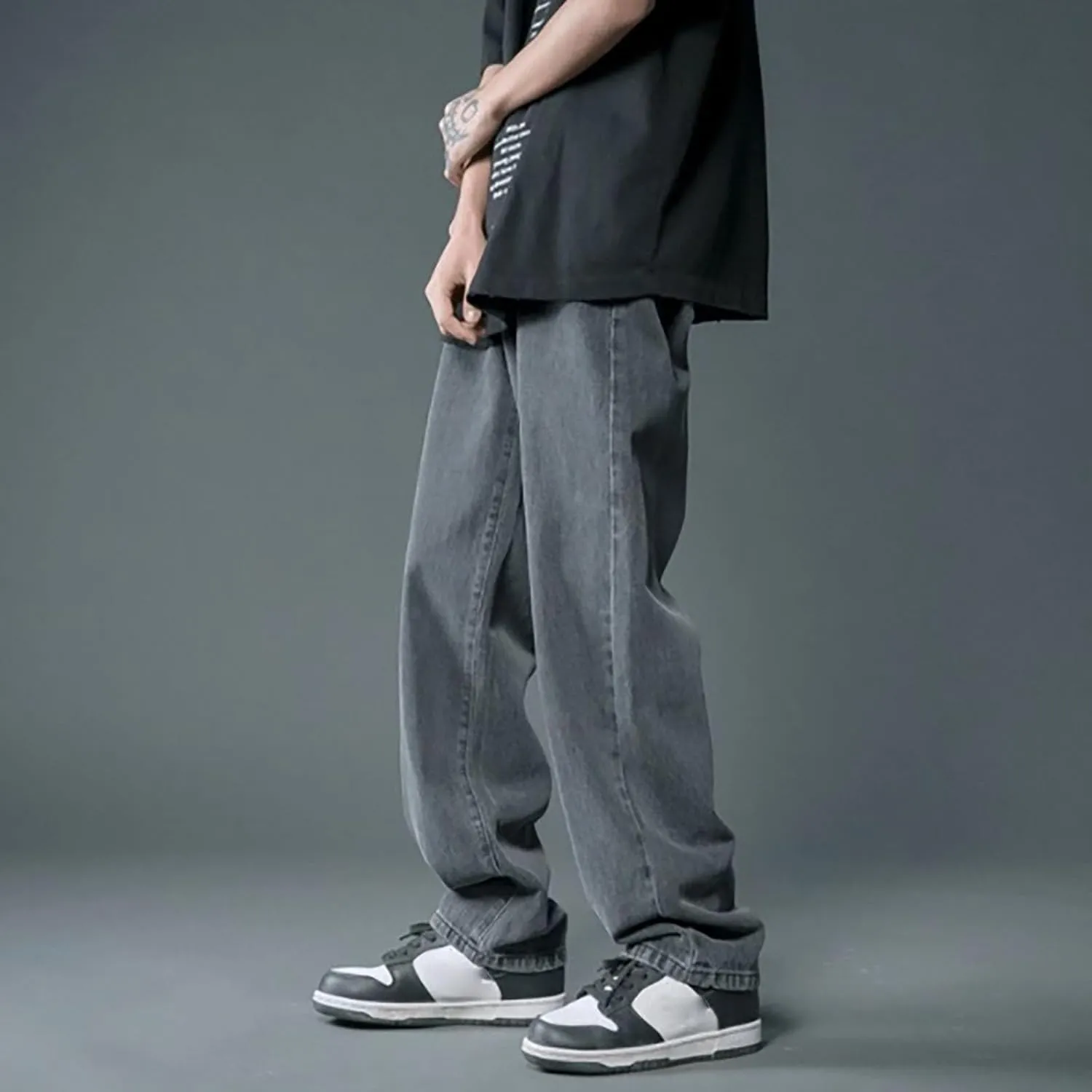 Mens Pants Jeans Stretch Classic Vintage Straight Wide Leg Denim Pants Baggy Jeans Trousers Mulit Pockets