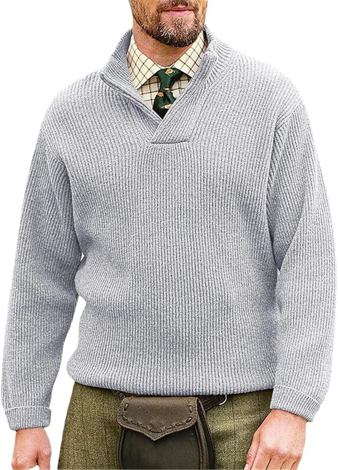 Men's V Neck Cable Knit Mock Neck Loose Fit Pullover Sweater Solid Color Winter Warm Comfortable Sweater Outwear