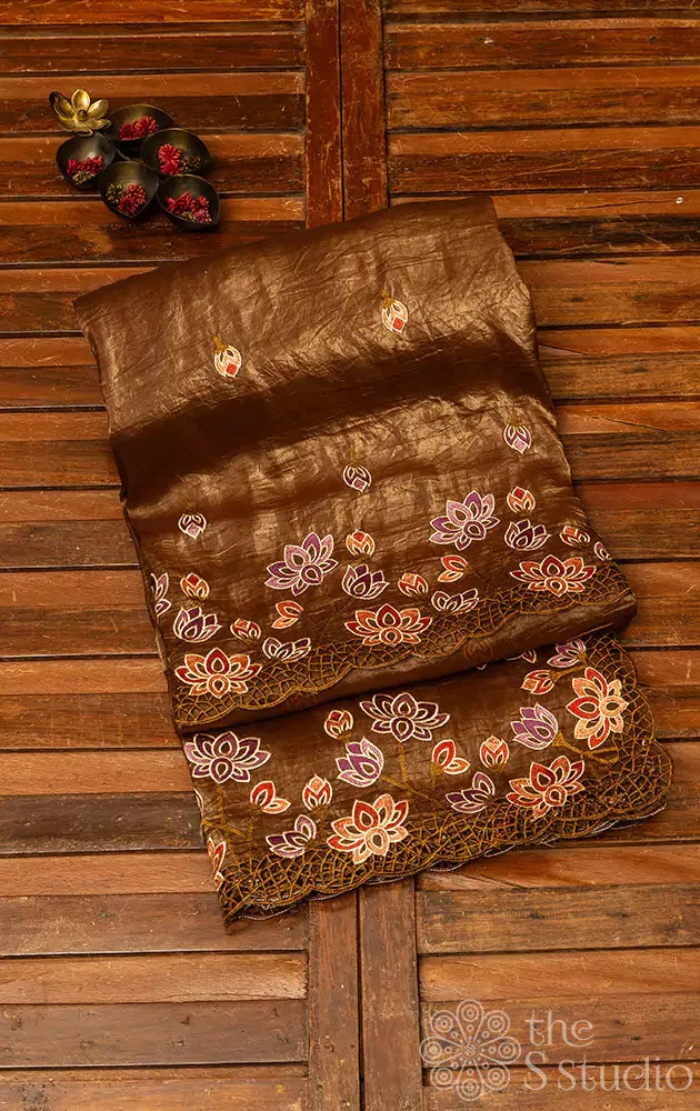 Methi green crushed tissue silk saree with lotus embroidery