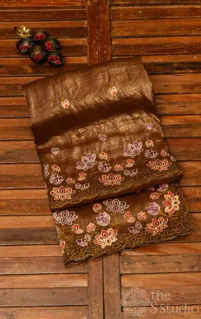 Methi green crushed tissue silk saree with lotus embroidery