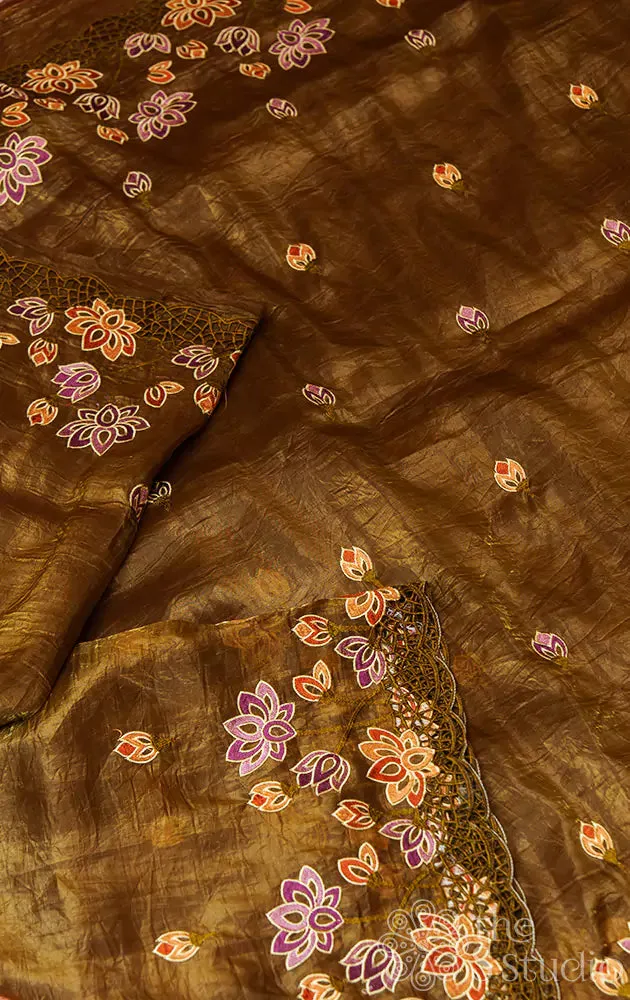 Methi green crushed tissue silk saree with lotus embroidery