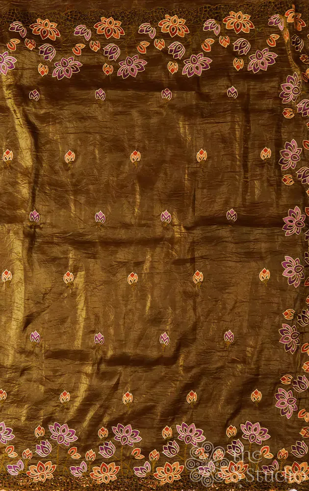 Methi green crushed tissue silk saree with lotus embroidery