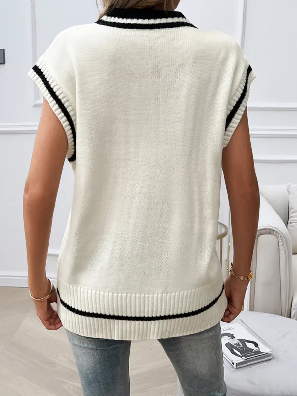 Navy Women's Loose Casual V-Neck Contrast Color Vest Sweater
