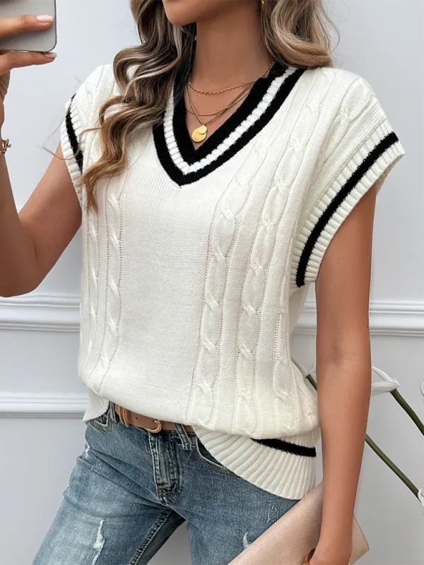 Navy Women's Loose Casual V-Neck Contrast Color Vest Sweater