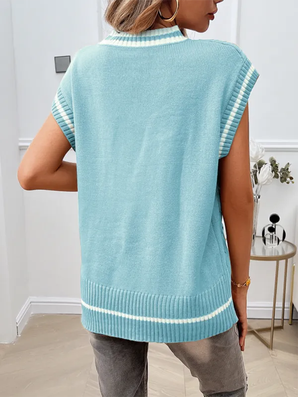 Navy Women's Loose Casual V-Neck Contrast Color Vest Sweater